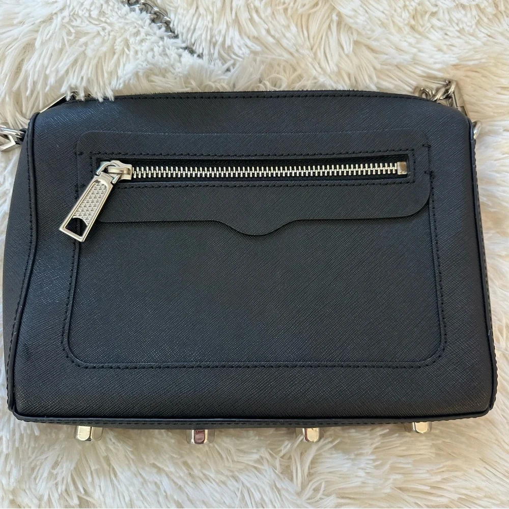 Rebecca Minkoff Avery Black Saffiano Leather Crossbody Bag Chain Strap Zip Top